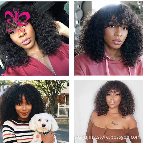 Curly Human Hair Wigs For Black Women Brazilian Remy Hair Fringe  Wig With Bangs Pre Plucked 8"-24"Inches Natural Black